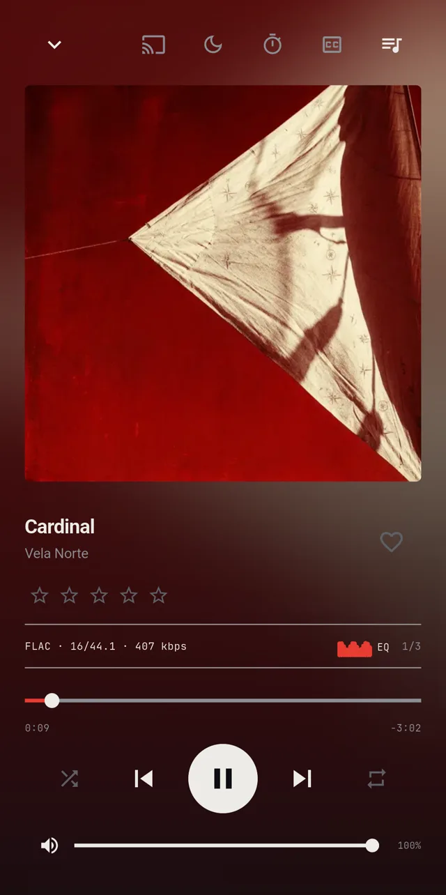 Now Playing, Vela Norte – Cardinal, dark theme, the app’s red accent sampled from the cover