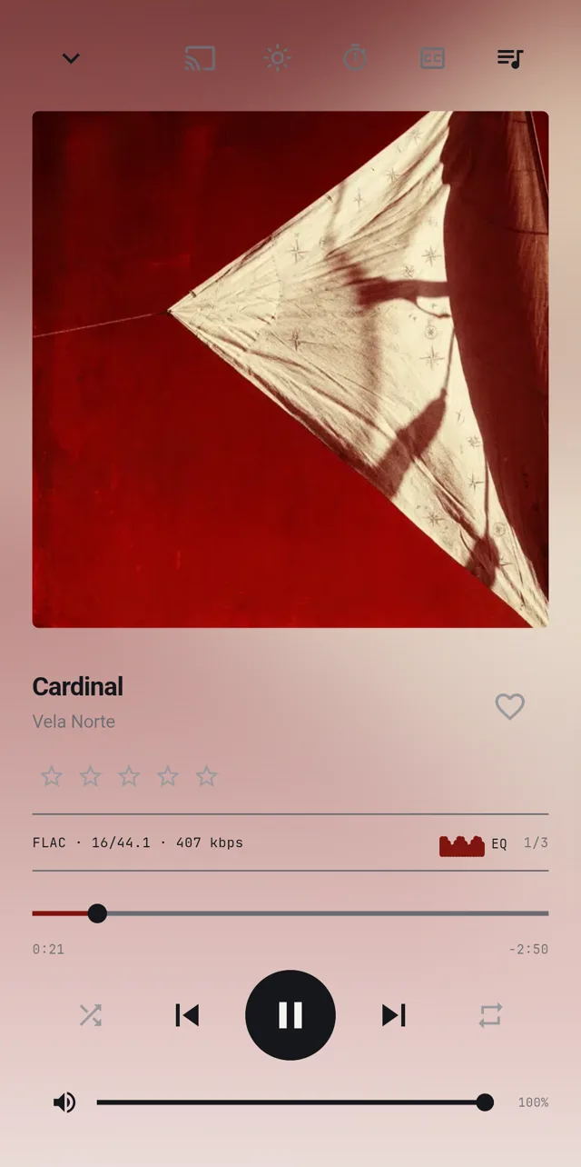Now Playing, Vela Norte – Cardinal, the app’s red accent sampled from the cover