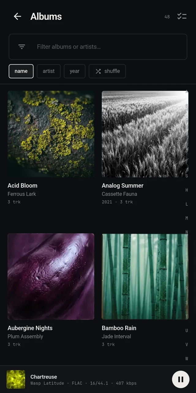 48 albums, real art, A–Z rail