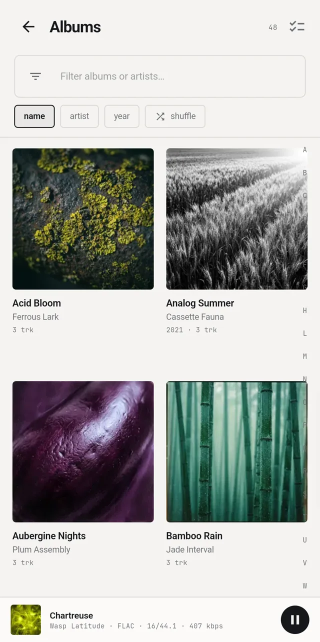 48 albums, real art, A–Z rail